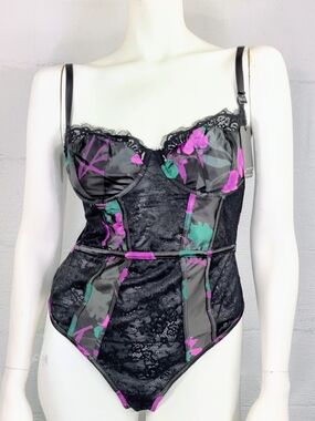 City Chic Tilda Black Lace Bustier Bodysuit with Pink & Teal Floral Panels